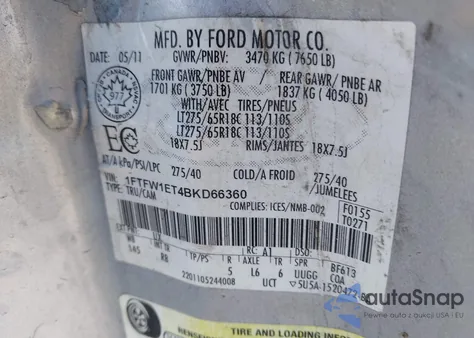 2011 Ford F-150 Fx4 z USA, uszkodzony, nr VIN 1FTFW1ET4BKD66360